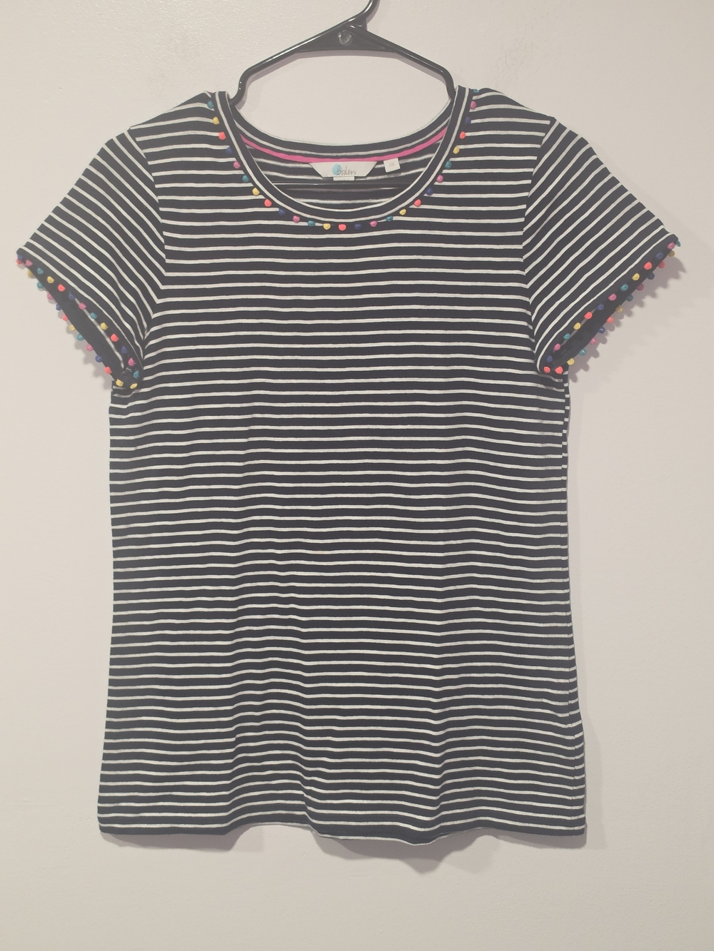 Boden Navy & White Striped Short Sleeve Tee with Multicolor Pom Trim Size XS
